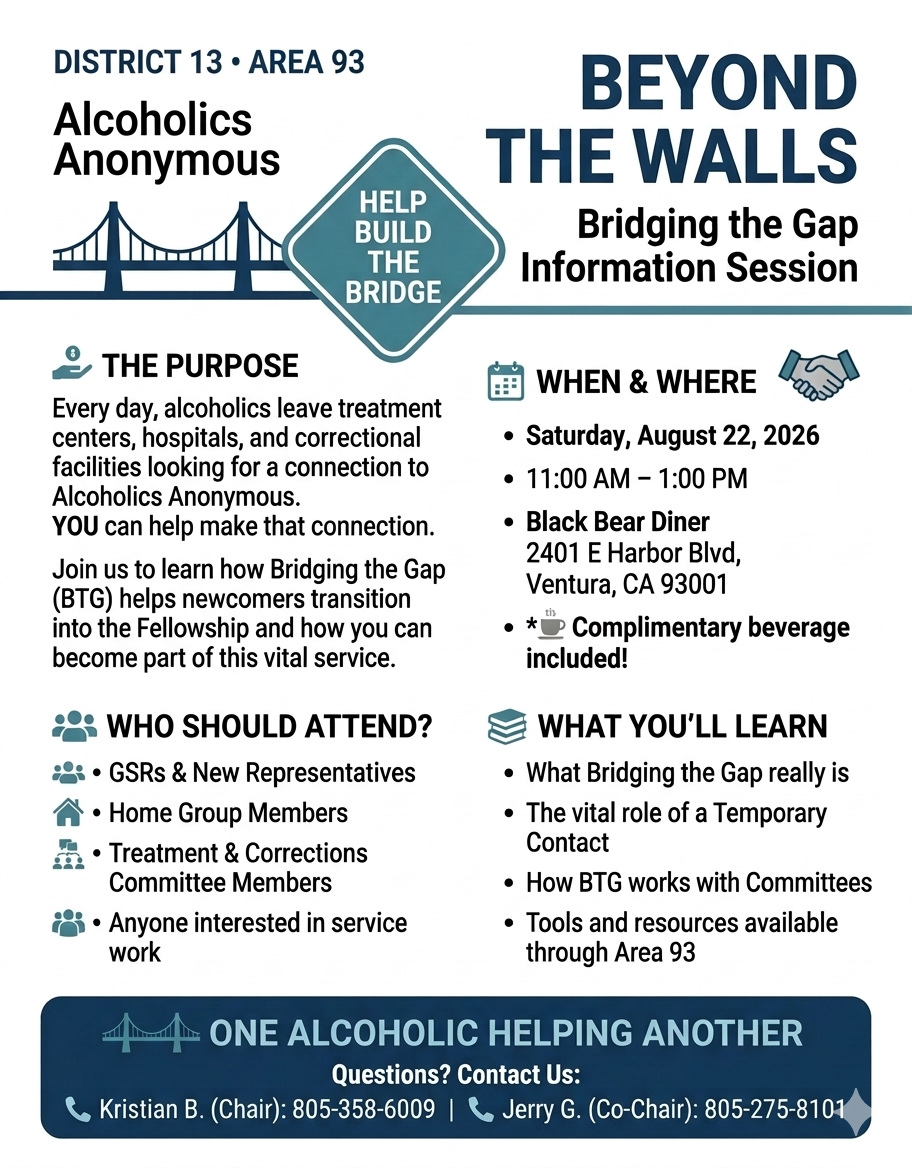 Flyer for Beyond the Walls Bridging the Gap Information Session, Saturday August 22 2026, 11 AM to 1 PM at Black Bear Diner, Ventura CA, hosted by AA District 13 Area 93.