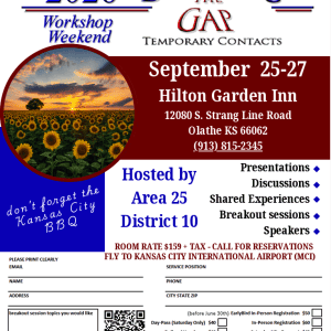 Flyer for AA Bridging the Gap Temporary Contacts Workshop Weekend, September 25-27 2026 at Hilton Garden Inn, Olathe KS