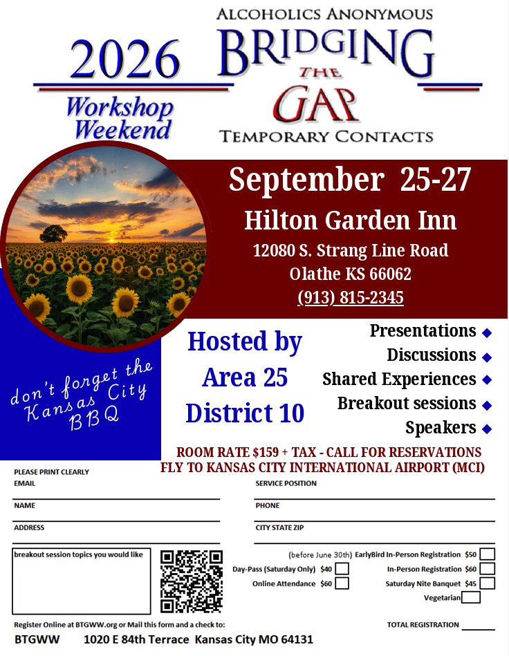 Flyer for AA Bridging the Gap Temporary Contacts Workshop Weekend, September 25-27 2026 at Hilton Garden Inn, Olathe KS