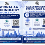 Blue circuit-themed flyer for the National AA Technology Workshop, September 11-13 2026 in Concord CA.