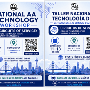 Volante azul con temática de circuitos para el Taller Nacional de Tecnología de A.A., 11-13 de septiembre de 2026 en Concord, CA.