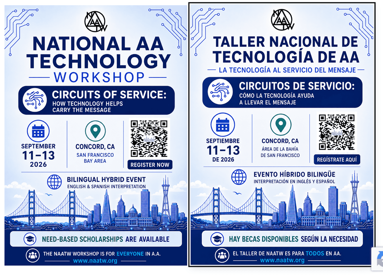 Blue circuit-themed flyer for the National AA Technology Workshop, September 11-13 2026 in Concord CA.