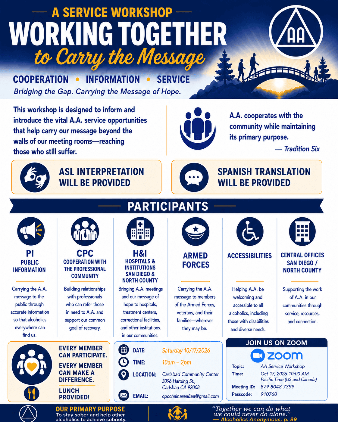 Navy and gold flyer for the Working Together A.A. Service Workshop, October 17 2026 in Carlsbad CA.