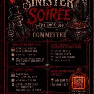 Volante gótico oscuro para el Concurso de Chili "Sinister Soiree", 24 de octubre de 2026 en Silver Creek Park, Bakersfield, CA.