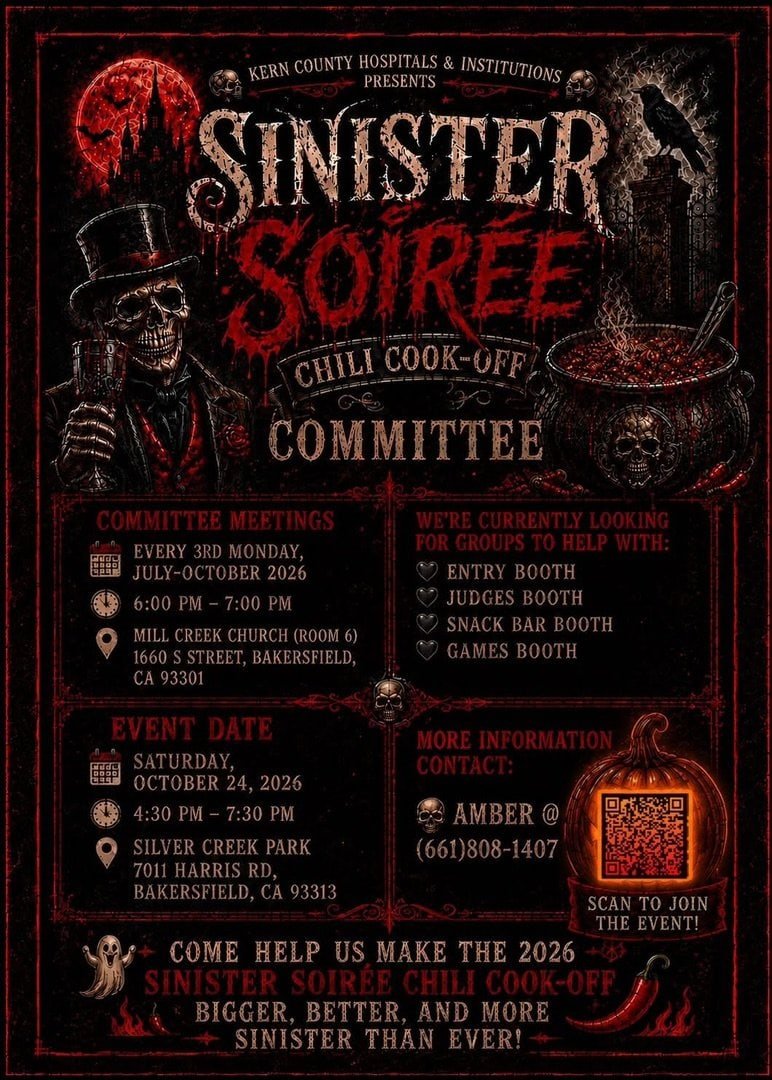 Dark gothic flyer for the Sinister Soiree Chili Cook-Off, October 24 2026 at Silver Creek Park, Bakersfield CA.