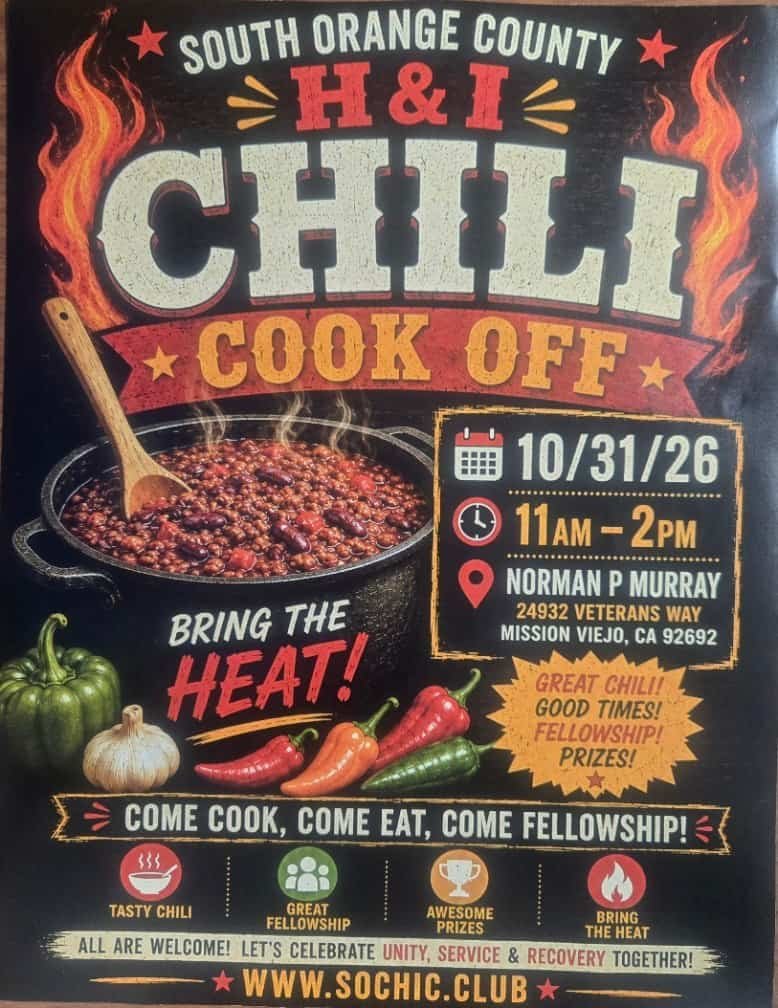 Fiery black and red flyer for the South Orange County H&I Chili Cook Off, October 31 2026 in Mission Viejo CA.